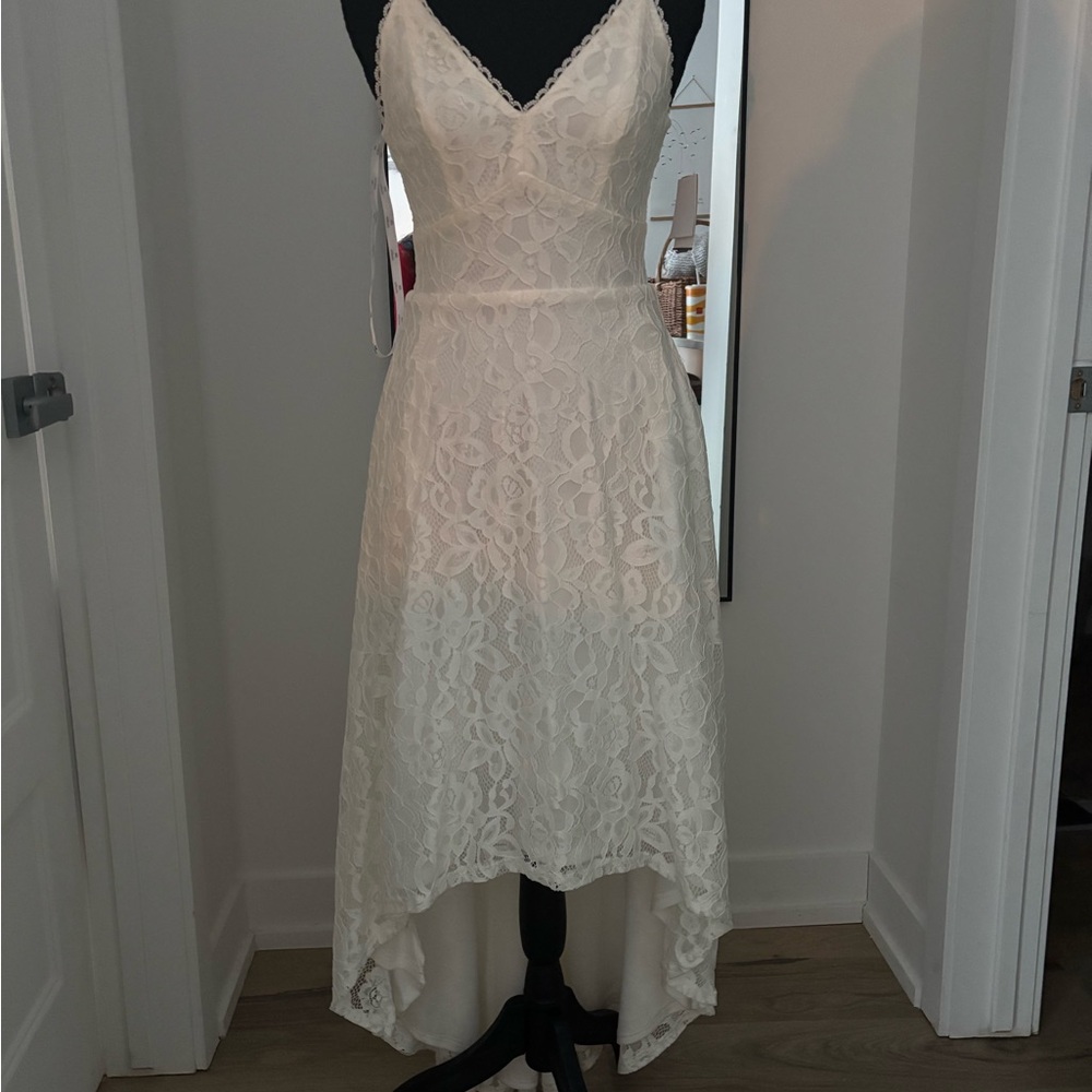 David's Bridal Cream Lace High Low Dress